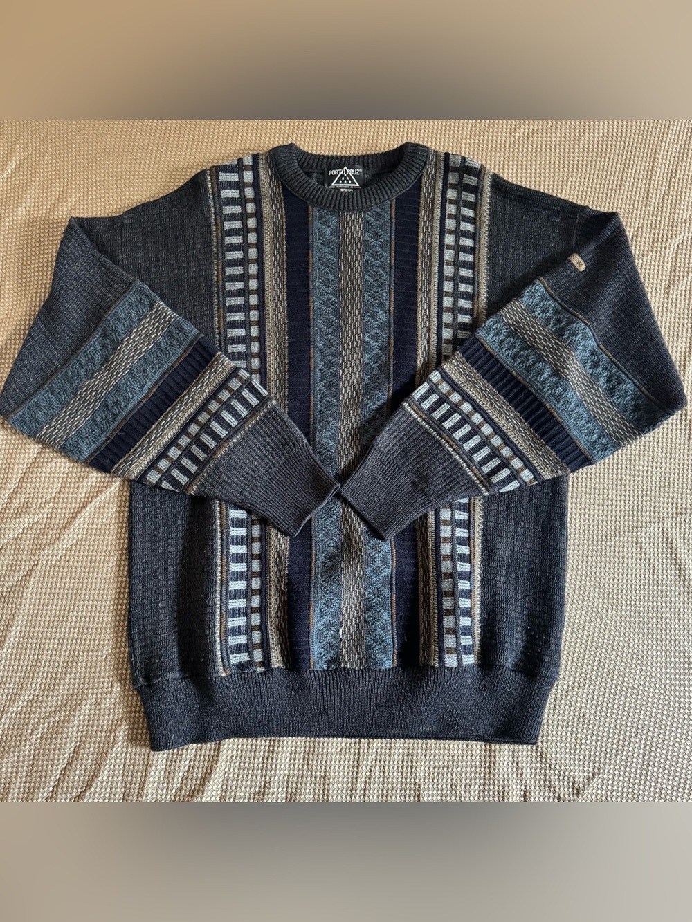 Vintage ‘90s Porto Cruz Men's Navy & Gray Textured Striped Sweater Coogi Style